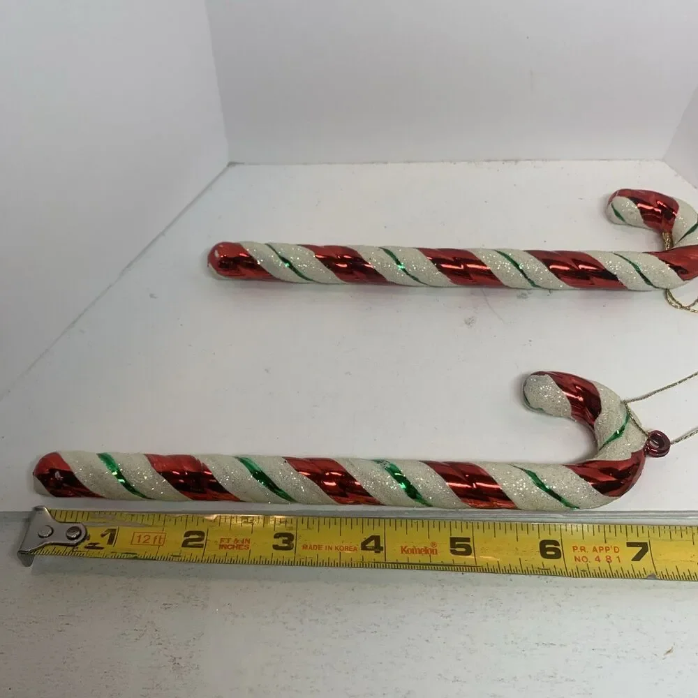 Glass Candy Cane Christmas Ornaments Lot Of 2 Glitter Holiday Decorations 7.5”
